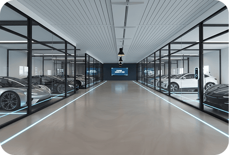 Modern indoor parking facility with glass bays