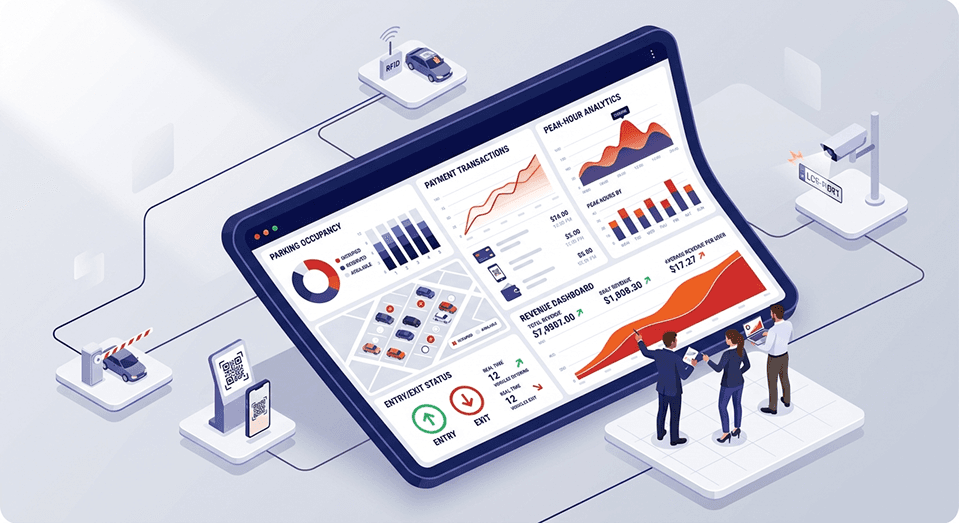 Revenue dashboard with occupancy, payment transactions, and peak hour analytics