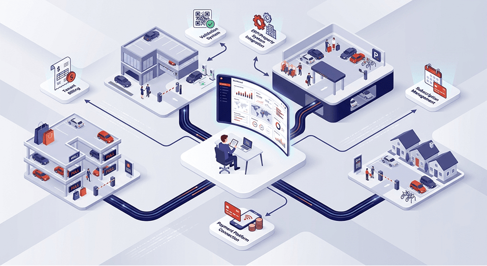 Multi-site parking management hub connecting garages, lots, and payment platforms