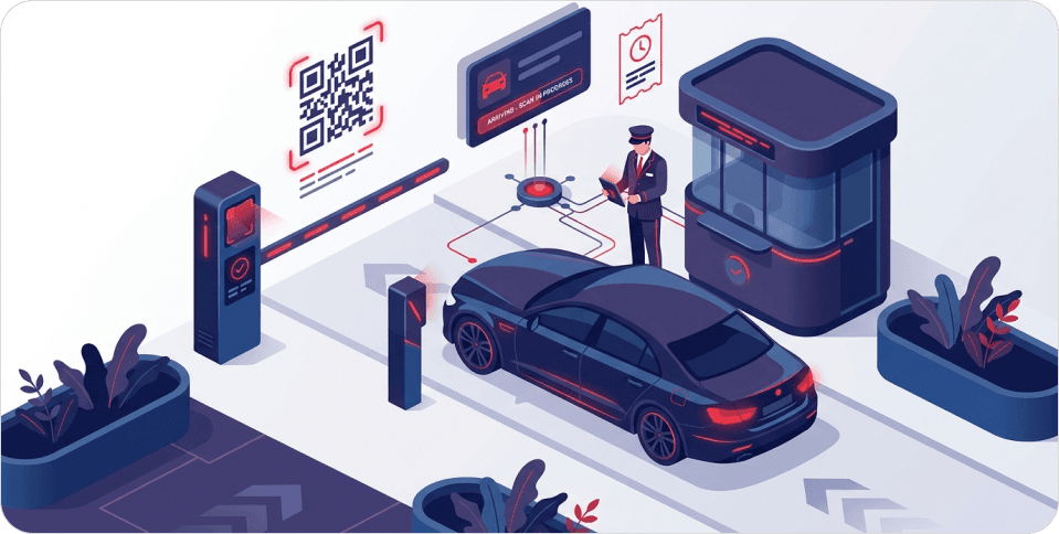 Digital valet parking check-in with QR code, vehicle drop-off, and attendant station