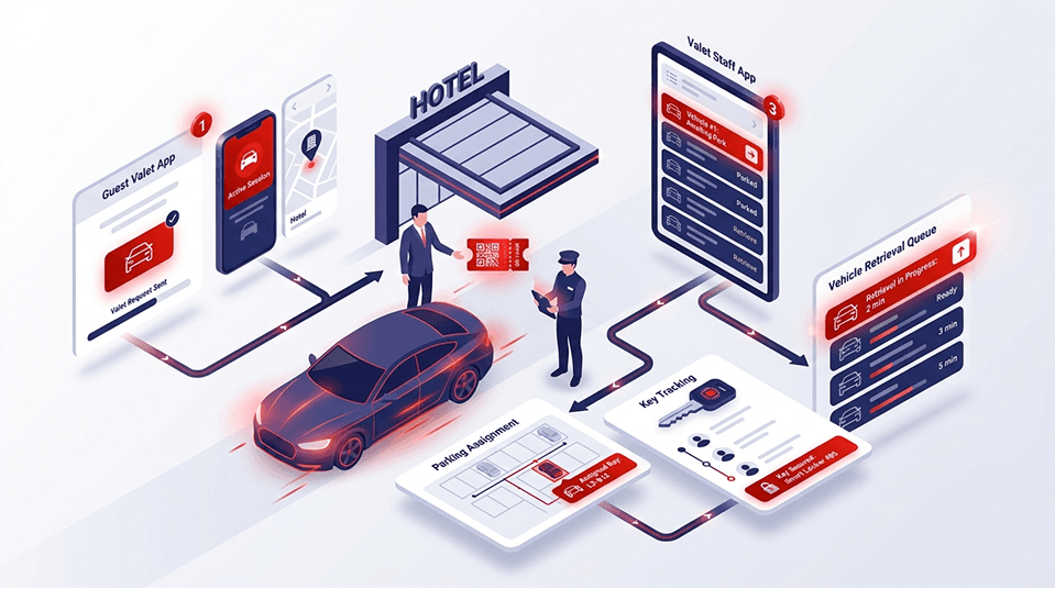 Valet workflow with guest app, staff dashboard, and key tracking