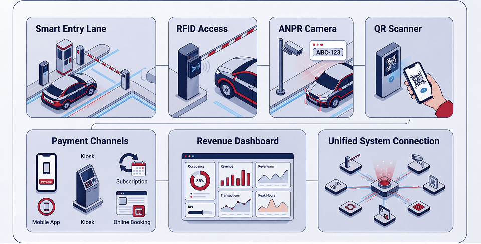 Smart parking system with entry lanes, RFID, ANPR, QR payments, and revenue dashboard